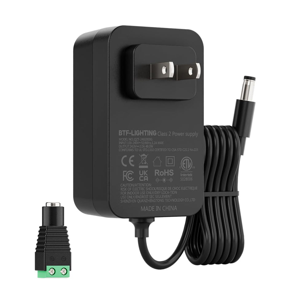 BTF-LIGHTING 24V 48W power supply front view powering LED strips safely.