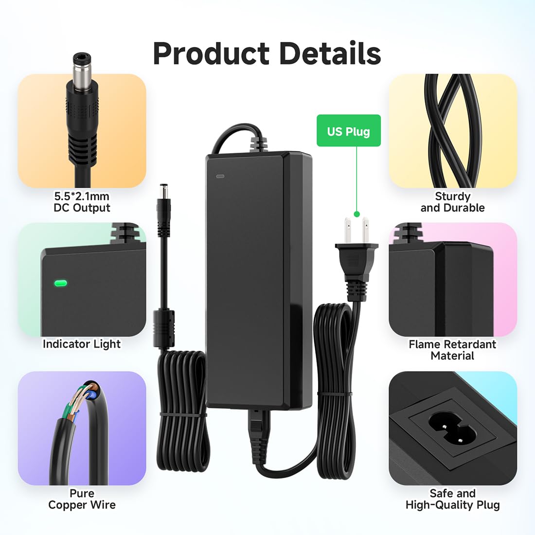 DC 24V output with 5.5x2.1mm barrel for broad device compatibility.