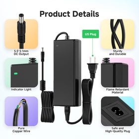 DC 24V output with 5.5x2.1mm barrel for broad device compatibility.