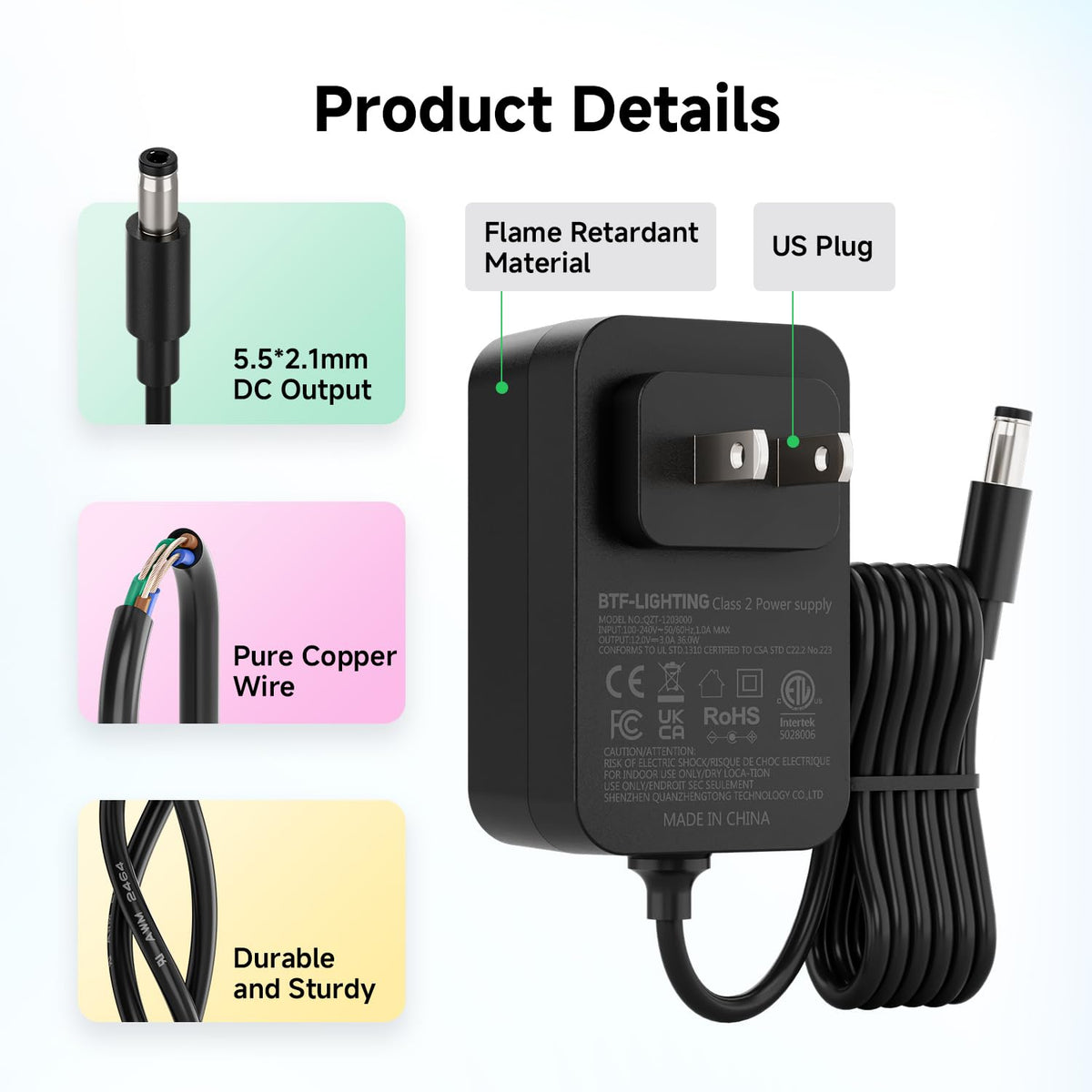 BTF-LIGHTING DC plug close-up confirms compatibility with standard connectors.