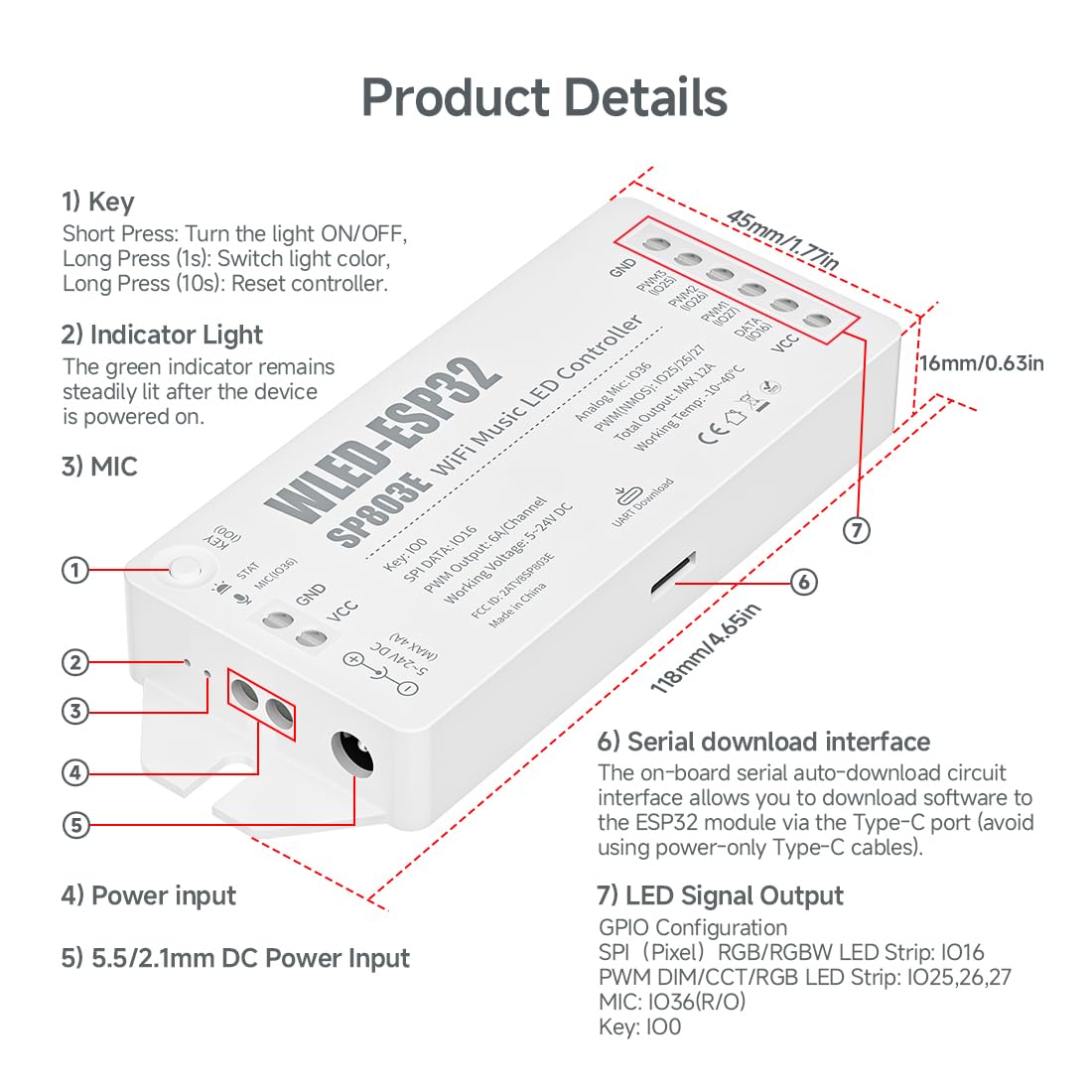 BTF-LIGHTING ESP32 WLED controller back ports for versatile connections.