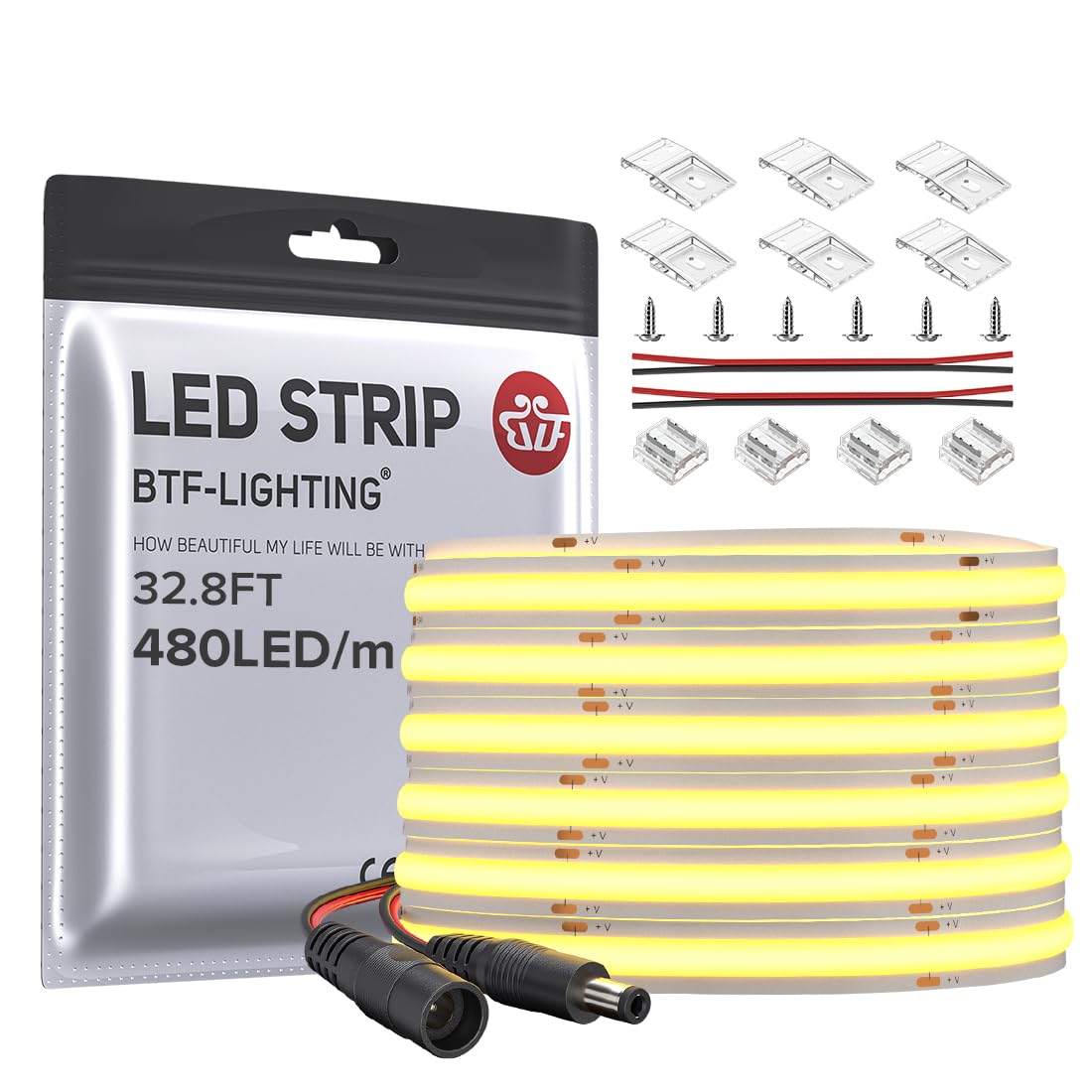 BTF-LIGHTING FCOB LED strip close-up shows dense COB LEDs for even brightness.