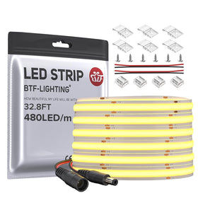 BTF-LIGHTING FCOB LED strip close-up shows dense COB LEDs for even brightness.