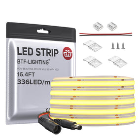 BTF-LIGHTING FCOB LED strip emits warm white 3000K for cozy, uniform illumination.
