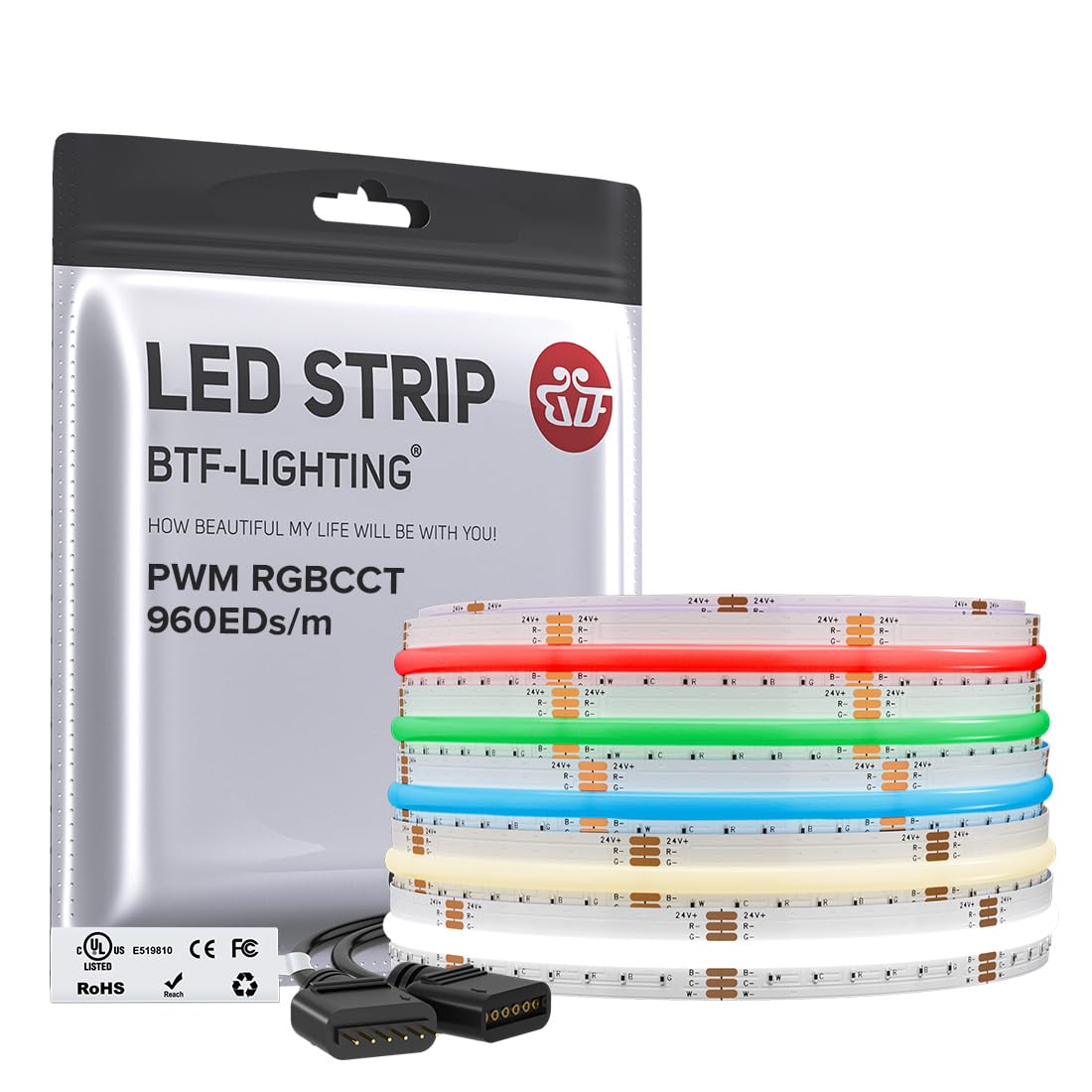 BTF-LIGHTING FCOB RGB+CCT LED strip close-up of high-density LEDs delivering vibrant lighting.
