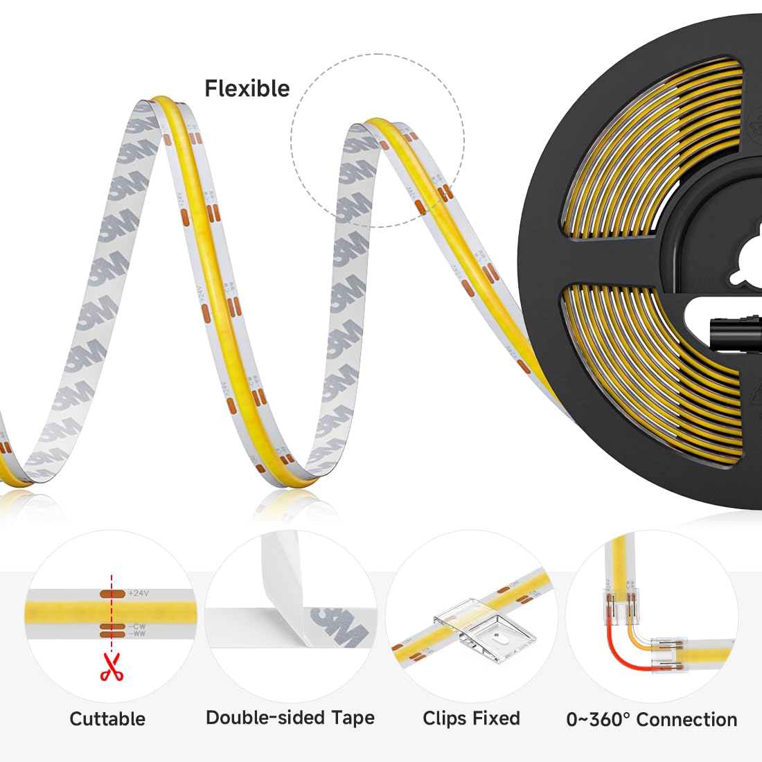 BTF-LIGHTING FCOB strip runs on DC24V for stable brightness.
