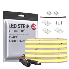 BTF-LIGHTING FCOB LED strip close-up shows dense, uniform brightness for clean lines.