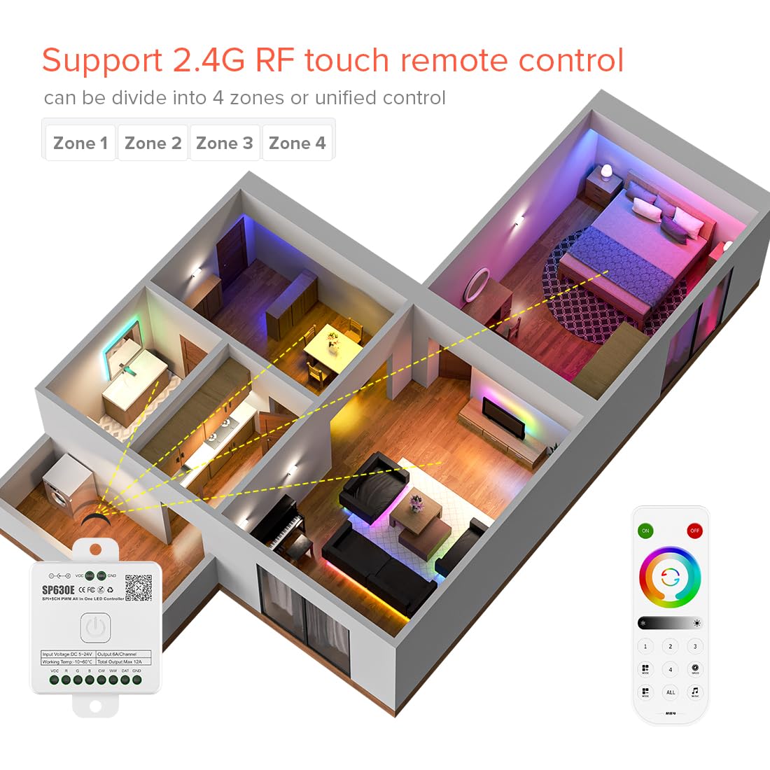 BTF-LIGHTING SP630E app interface highlights DIY and music lighting options.