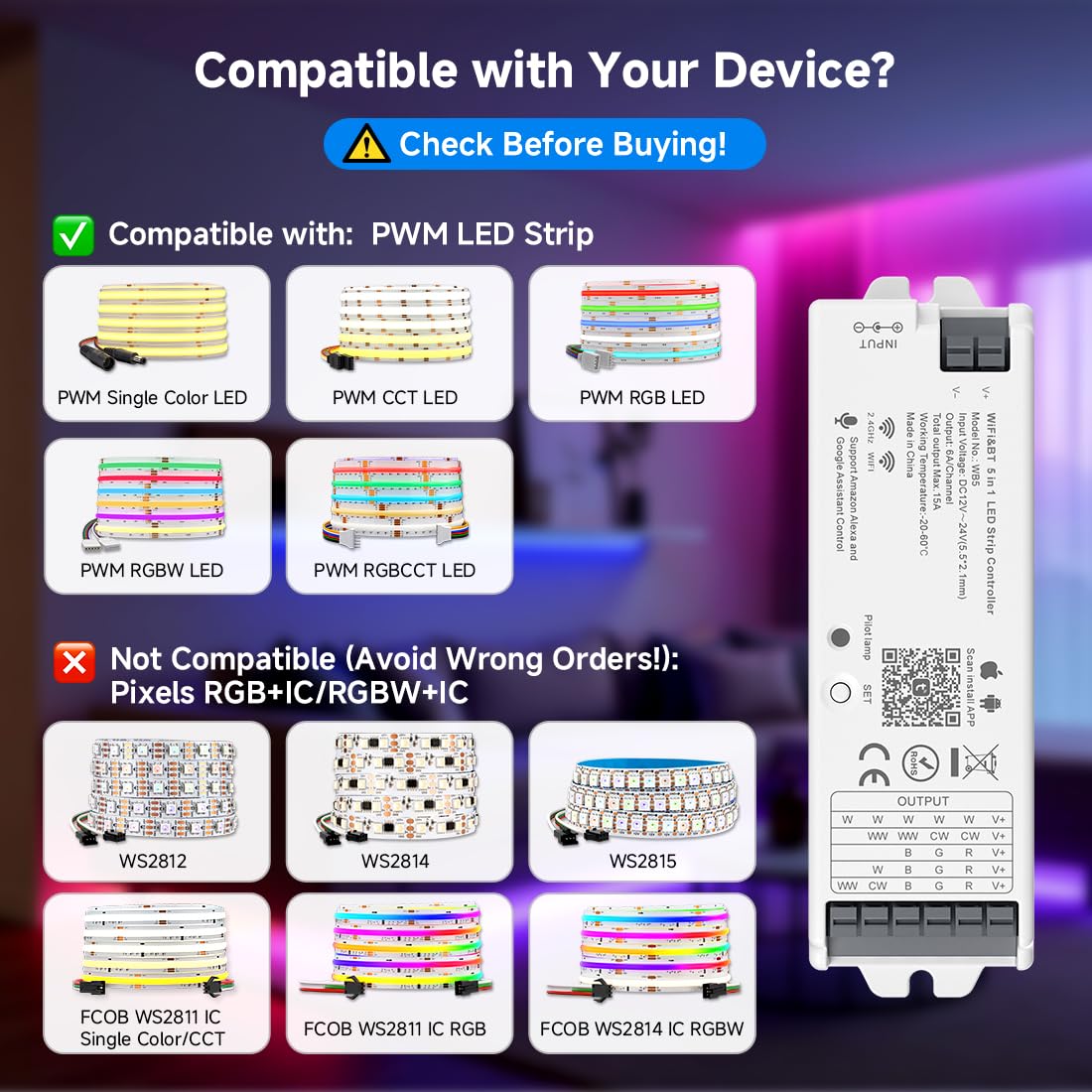 BTF-LIGHTING WB5 dimmer interface for smooth brightness adjustments.