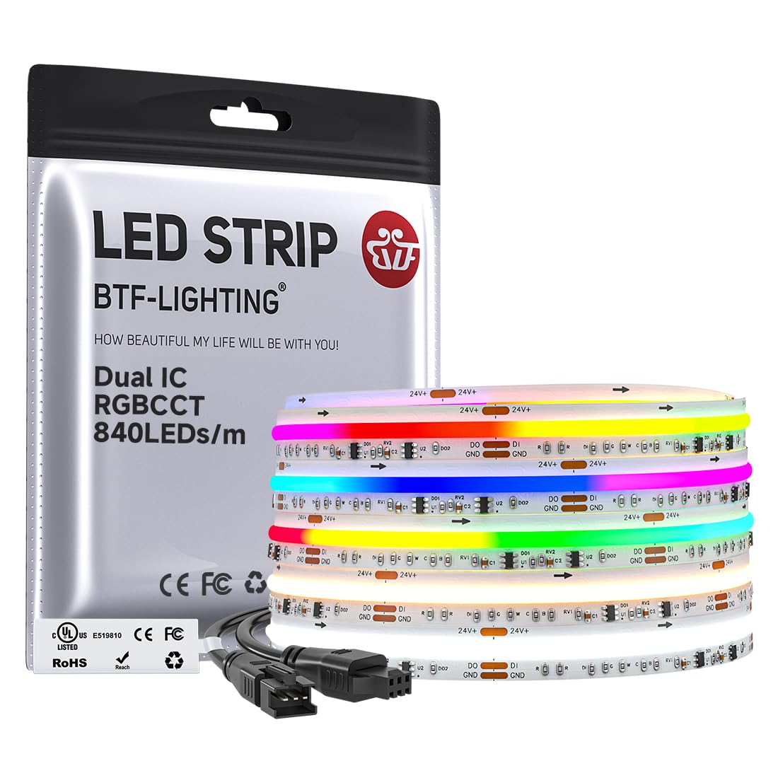 BTF-LIGHTING WS2811 dual-chip RGB+CCT LED strip close-up showing vivid color mixing