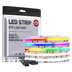 BTF-LIGHTING WS2811 dual-chip RGB+CCT LED strip close-up showing vivid color mixing