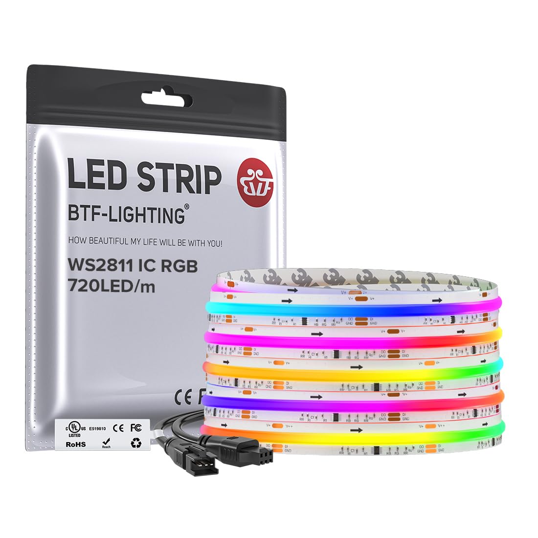 BTF-LIGHTING WS2811 RGB COB strip shows dense 720 LEDs per meter for bright colors.