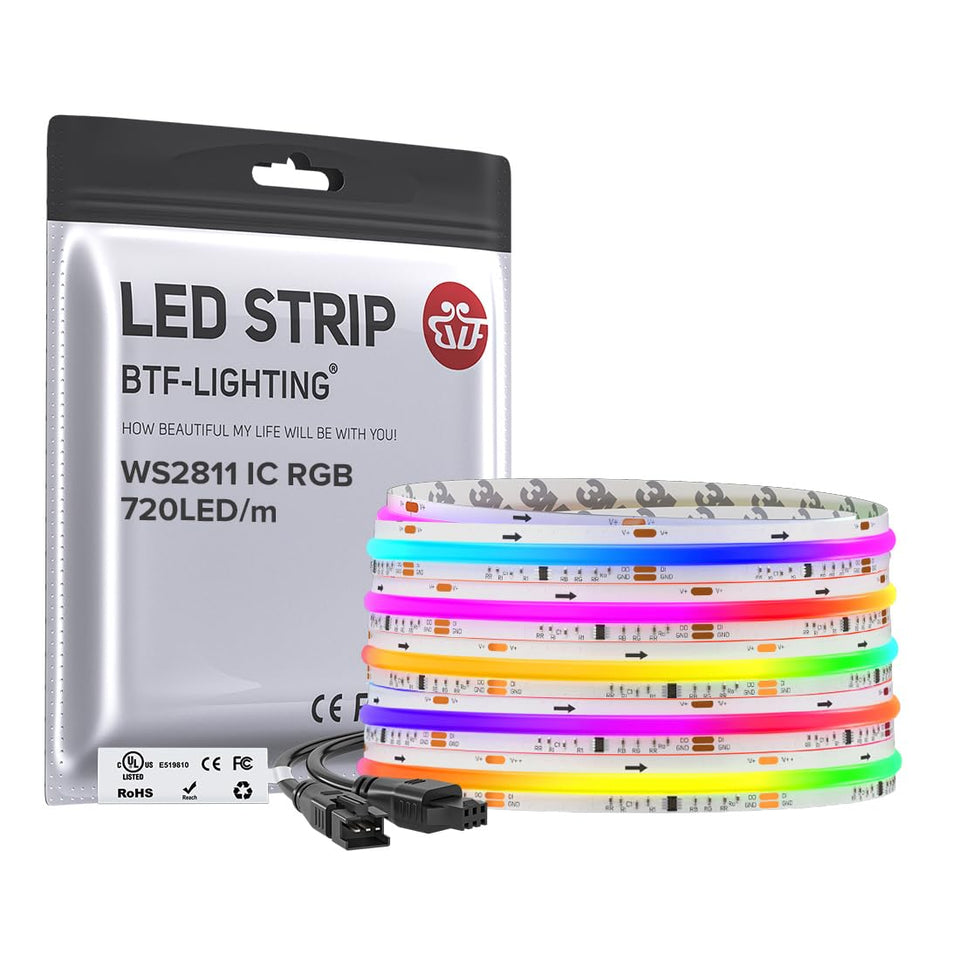 BTF-LIGHTING WS2811 RGB COB strip shows dense 720 LEDs per meter for bright colors.