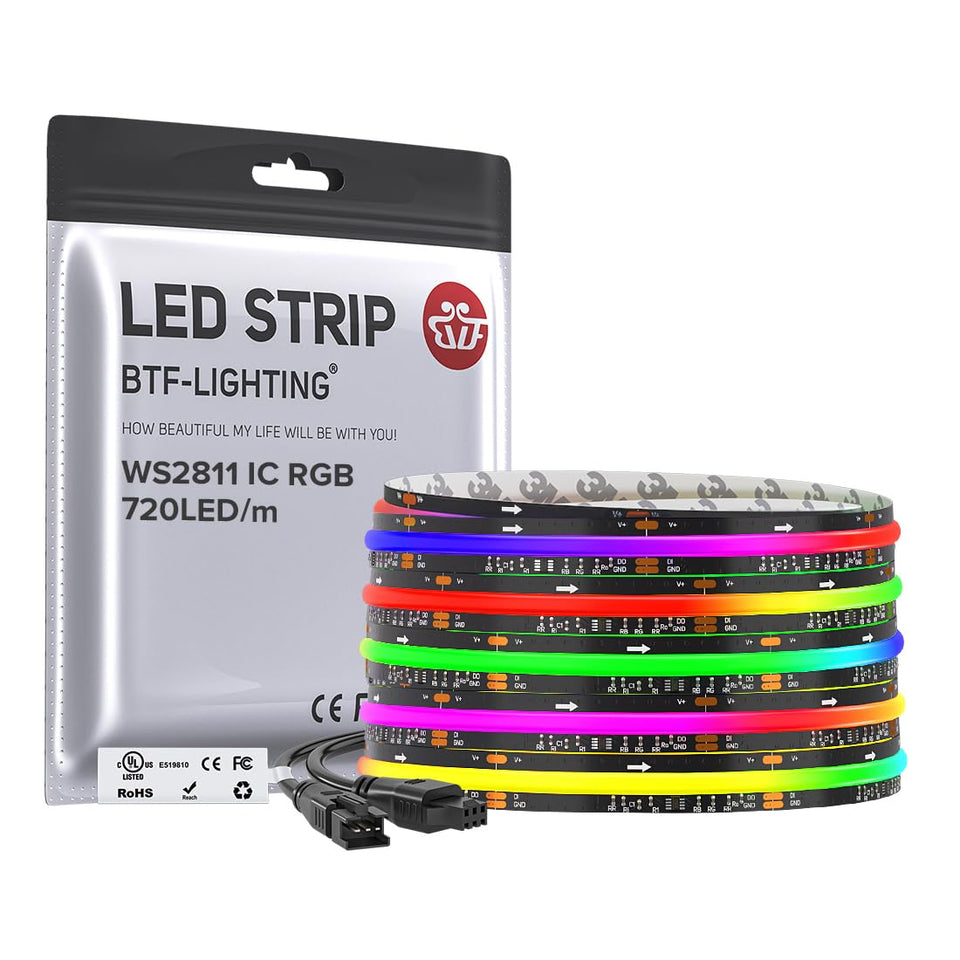 BTF-LIGHTING WS2811 RGB LED strip closeup demonstrates vivid color chasing.
