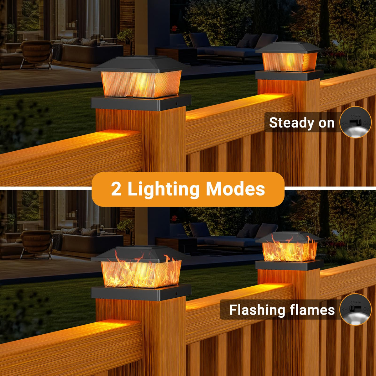 btfarm 4x4 post light with flickering flame for decks and yards.