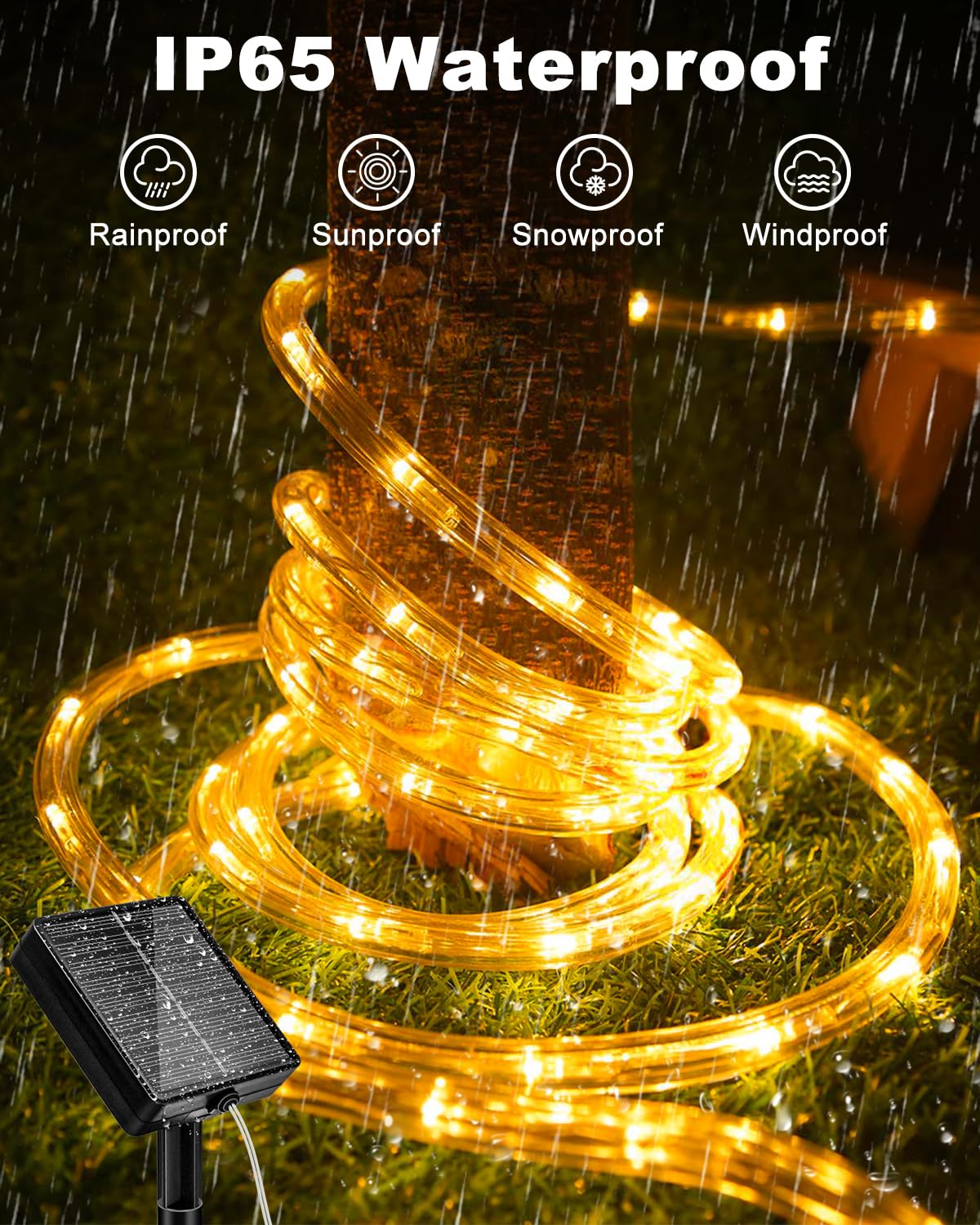 btfarm IP65 waterproof solar rope lights endure rain for year-round use