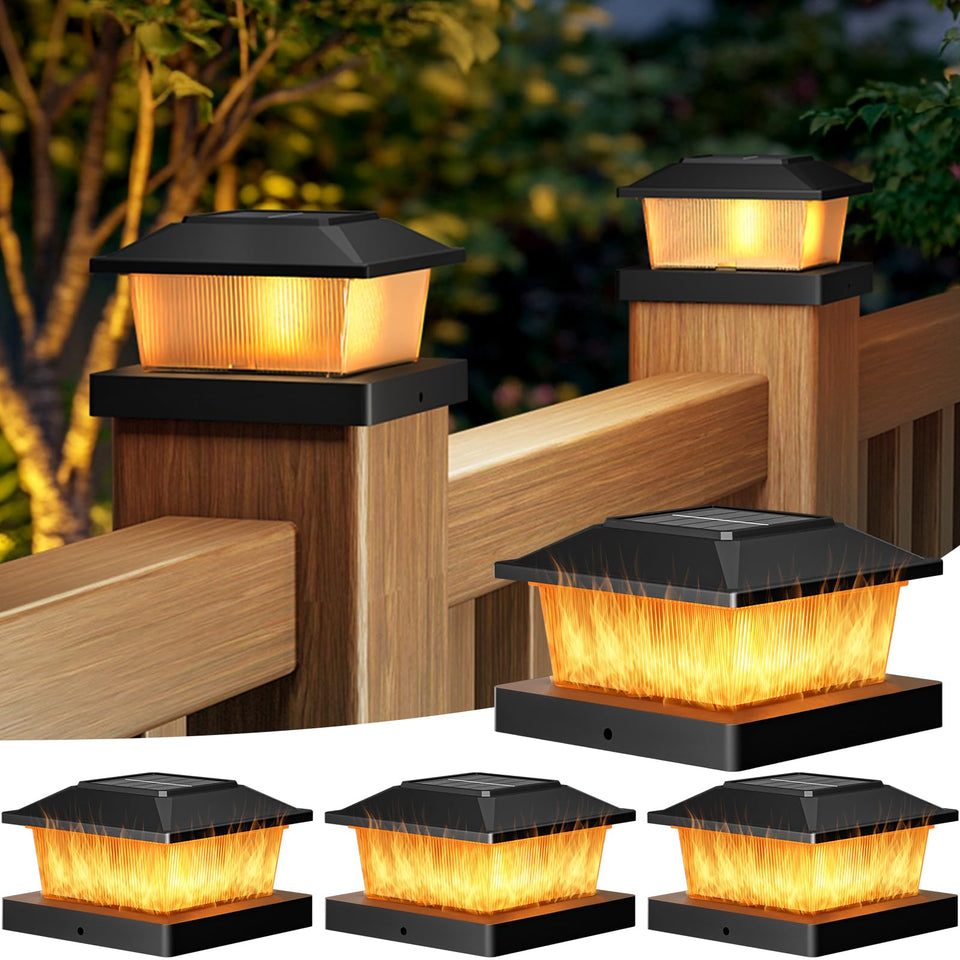 btfarm solar flame post light 4x4 adds warm glow to outdoor fence lines.