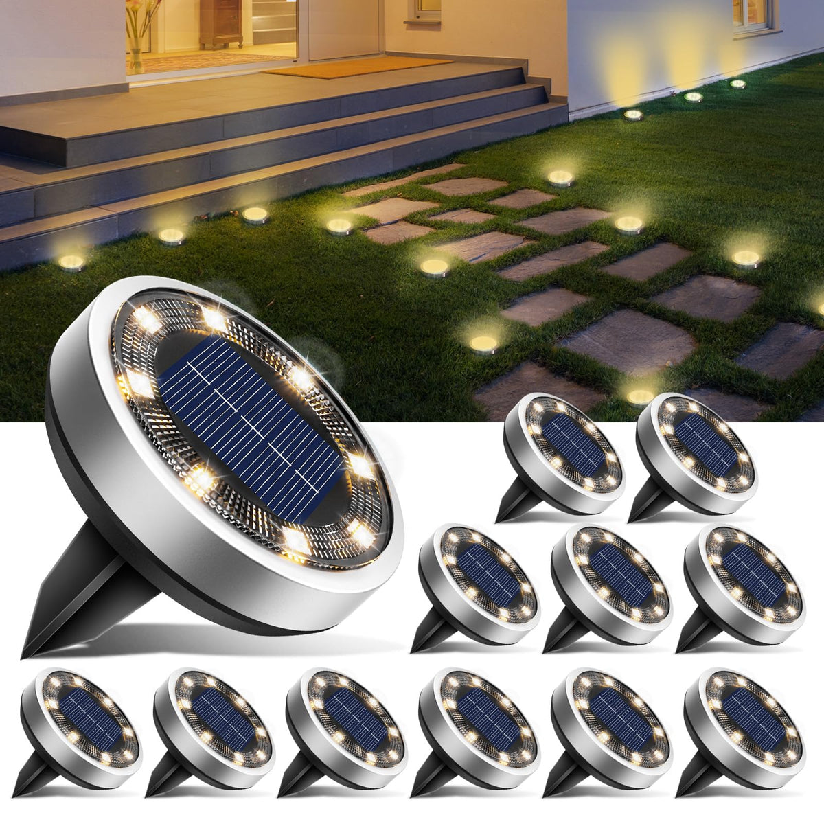 btfarm 8-LED solar ground light along a garden path emits warm white glow