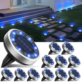 btfarm solar ground light blue disc close-up with 8 LEDs for bright outdoor lighting.