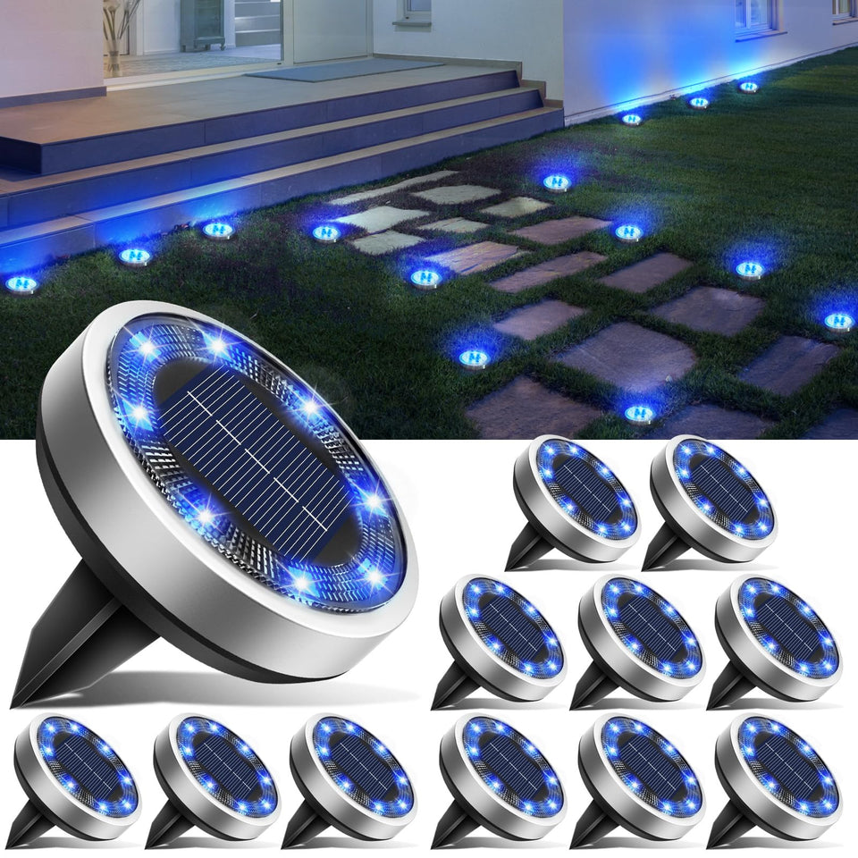btfarm solar ground light blue disc close-up with 8 LEDs for bright outdoor lighting.