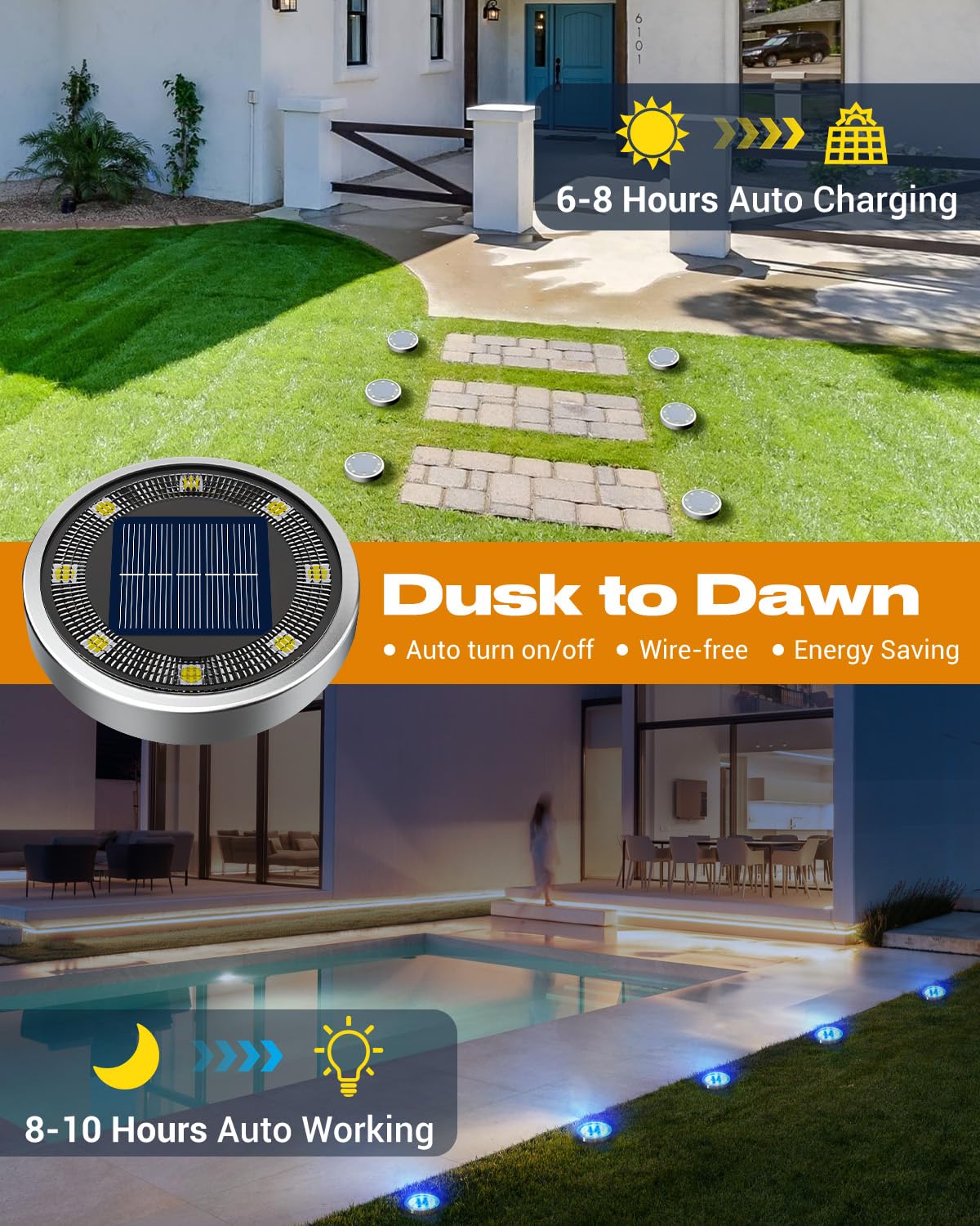 btfarm solar ground light blue disc installed along garden path for safe nighttime visibility.
