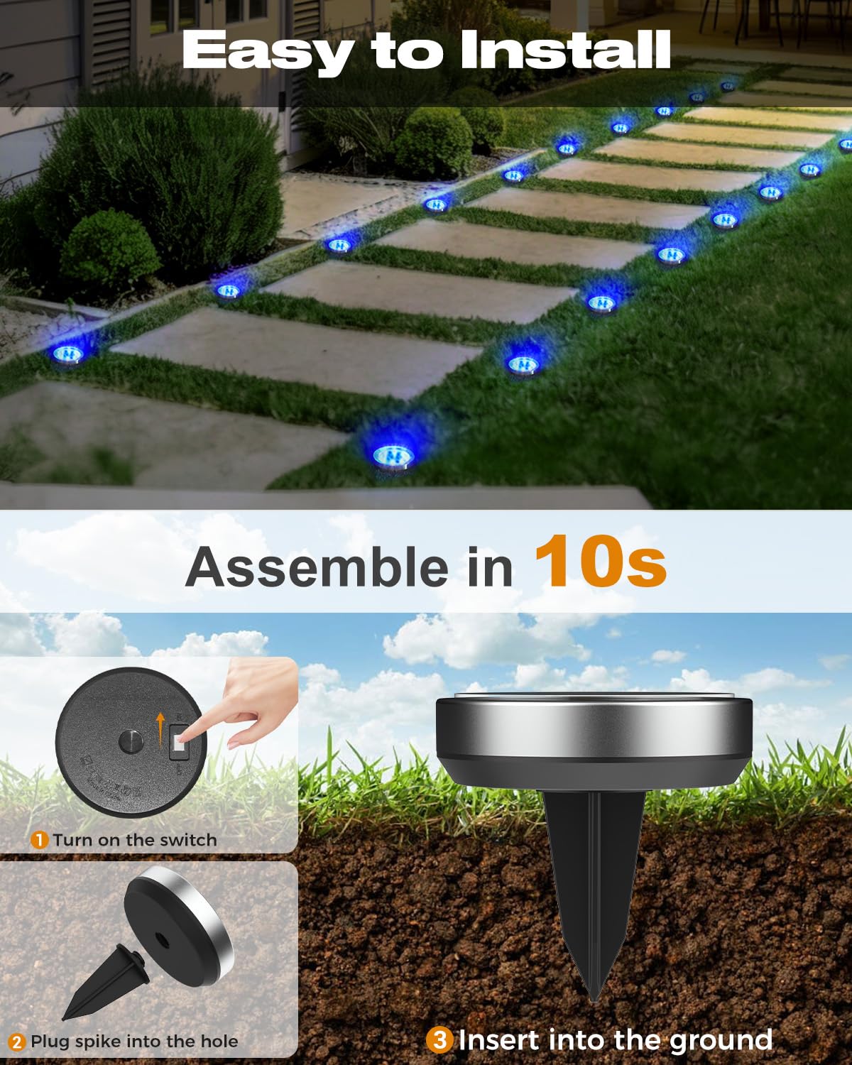 btfarm blue disc solar light outdoors shows durable IP65 weatherproof design.