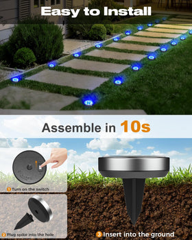 btfarm blue disc solar light outdoors shows durable IP65 weatherproof design.