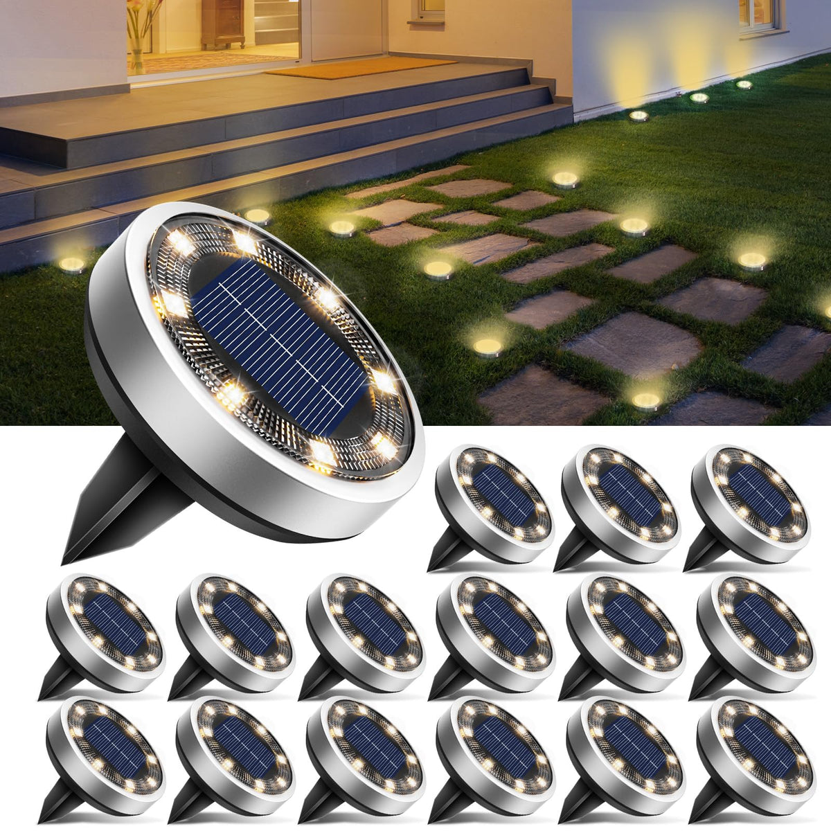 btfarm 16-pack solar ground lights illuminate garden paths for safe nighttime navigation