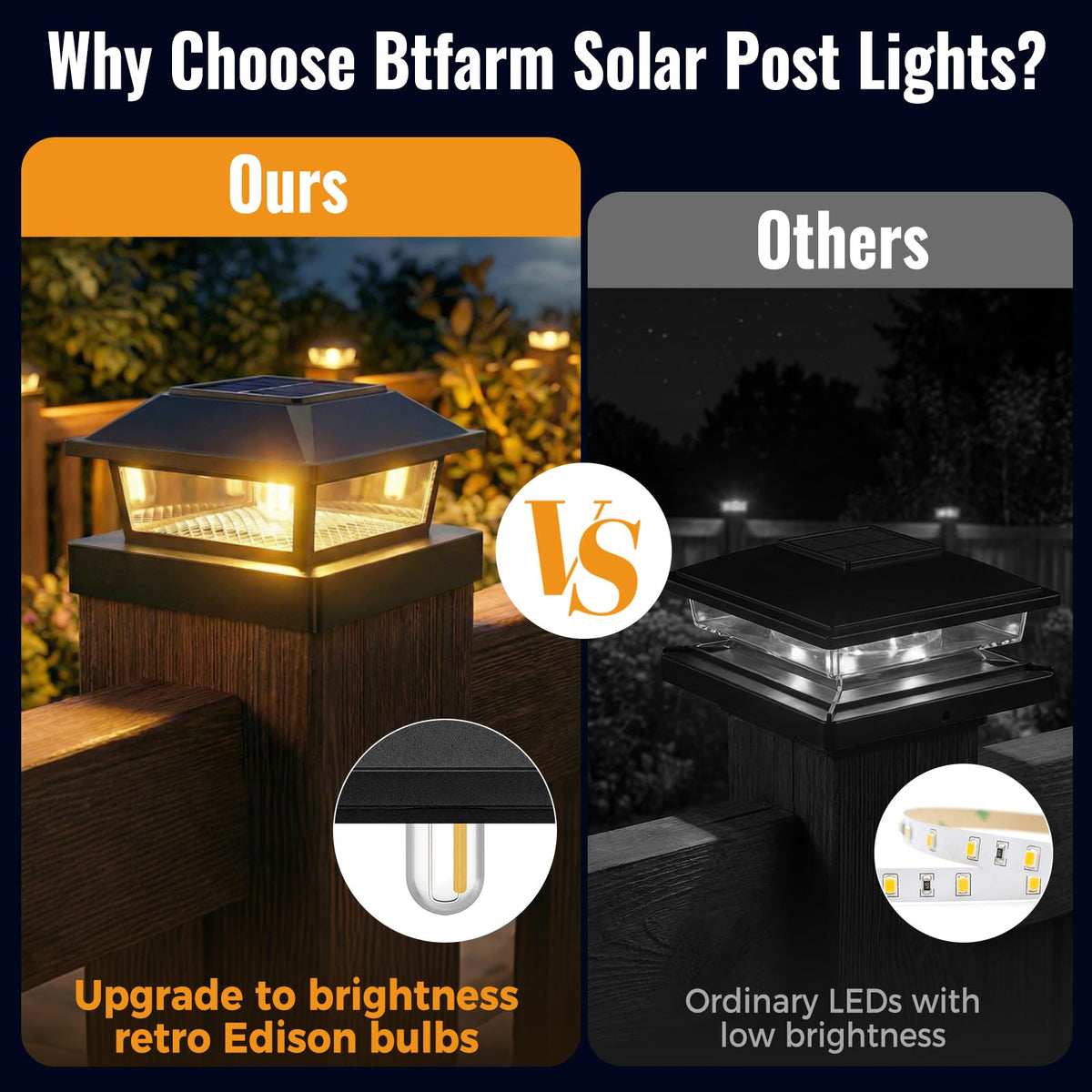 btfarm solar post cap light on 4x4 top view with warm glow