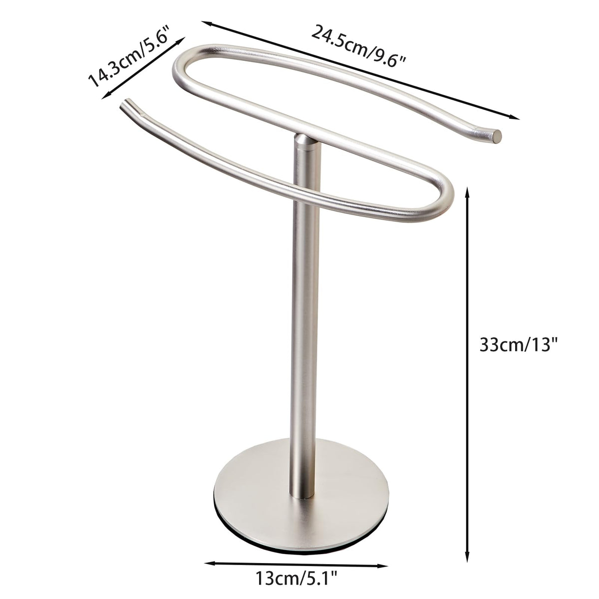BTHRMHW brushed nickel towel stand front view with easy reach height