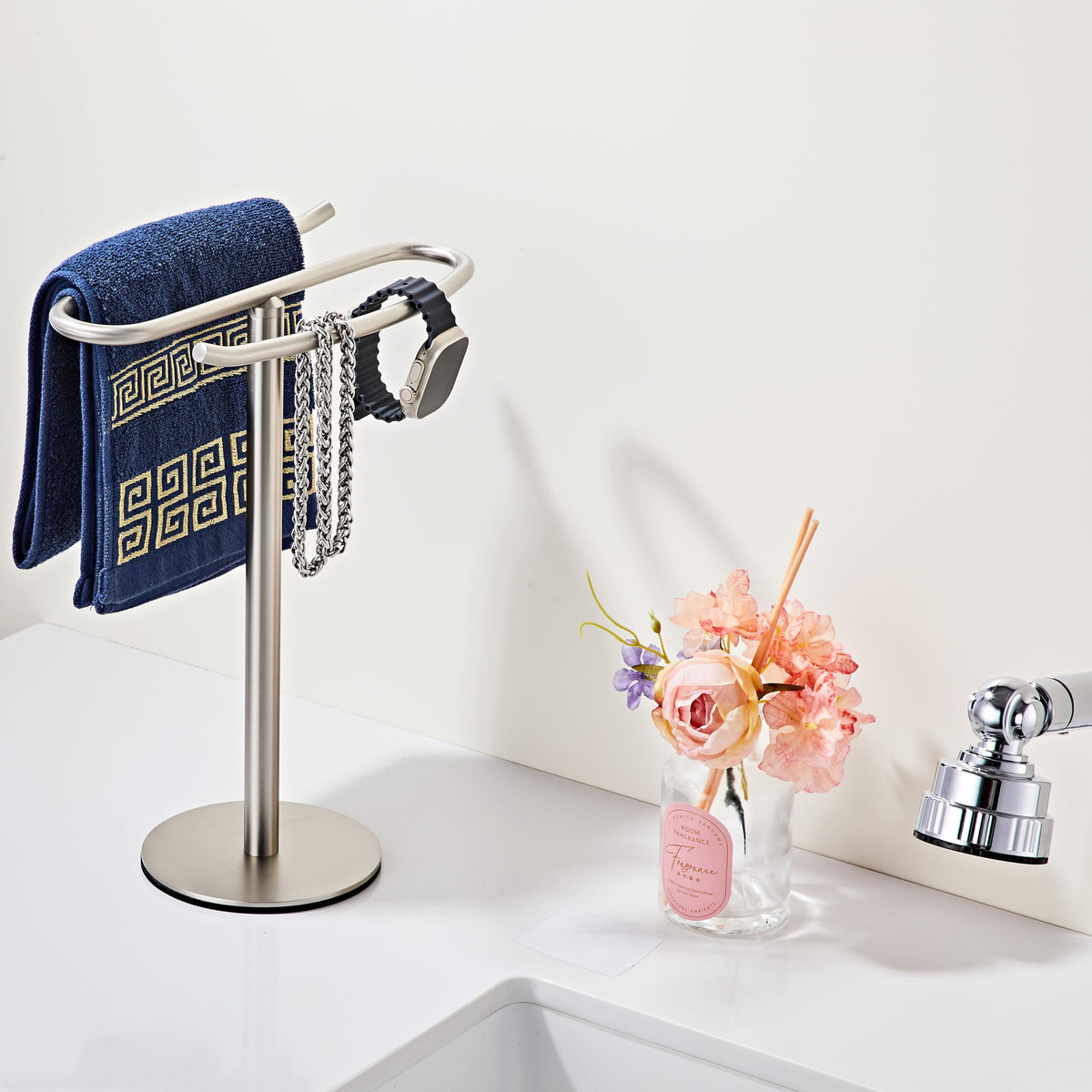 BTHRMHW brushed nickel towel stand side view highlights compact profile for small spaces