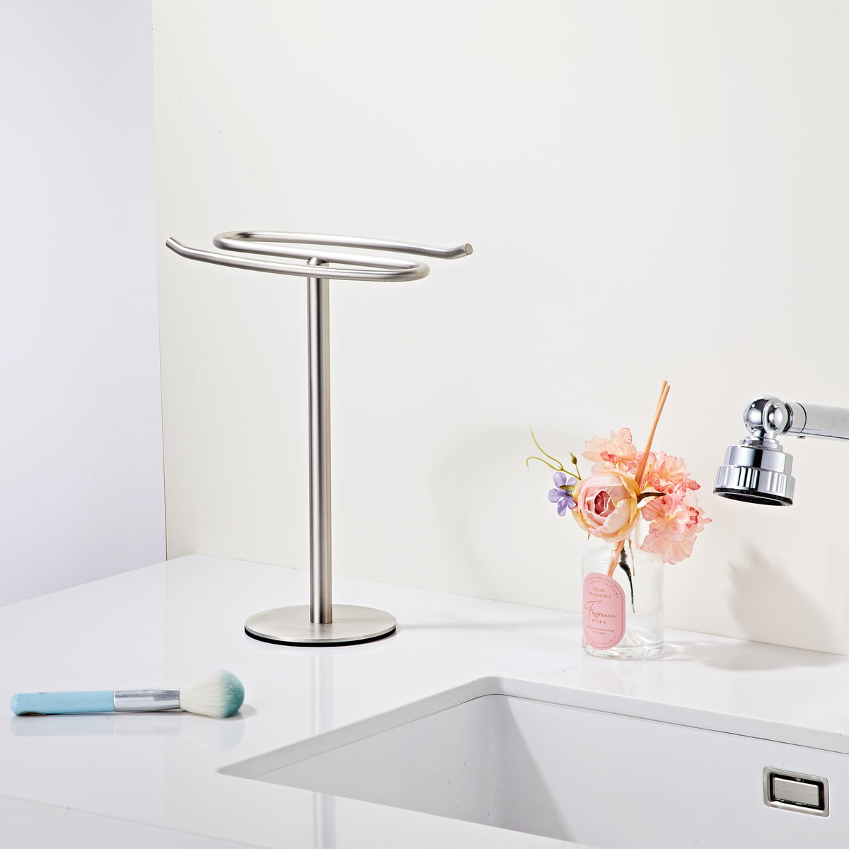 BTHRMHW brushed nickel towel stand top view demonstrates slim footprint
