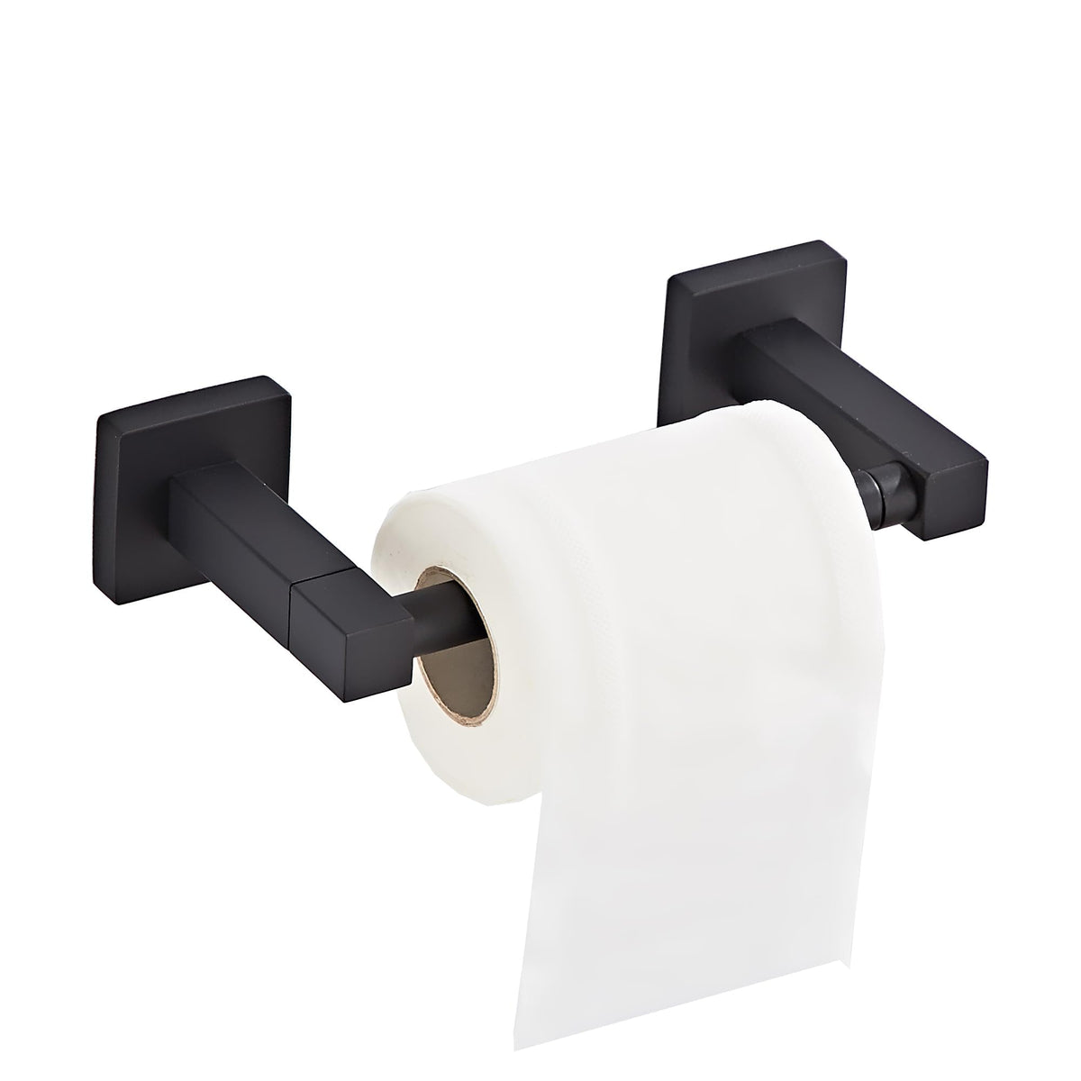 BTHRMHW matte black wall-mount toilet paper holder with pivoting double-post for secure roll changes