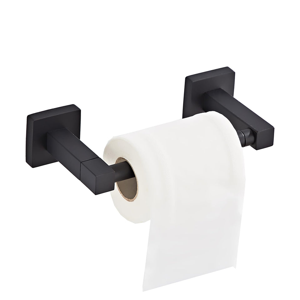 BTHRMHW matte black wall-mount toilet paper holder with pivoting double-post for secure roll changes