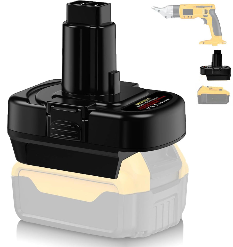 BTRUI adapter front view powering a 12V tool from a 20V Dewalt battery.