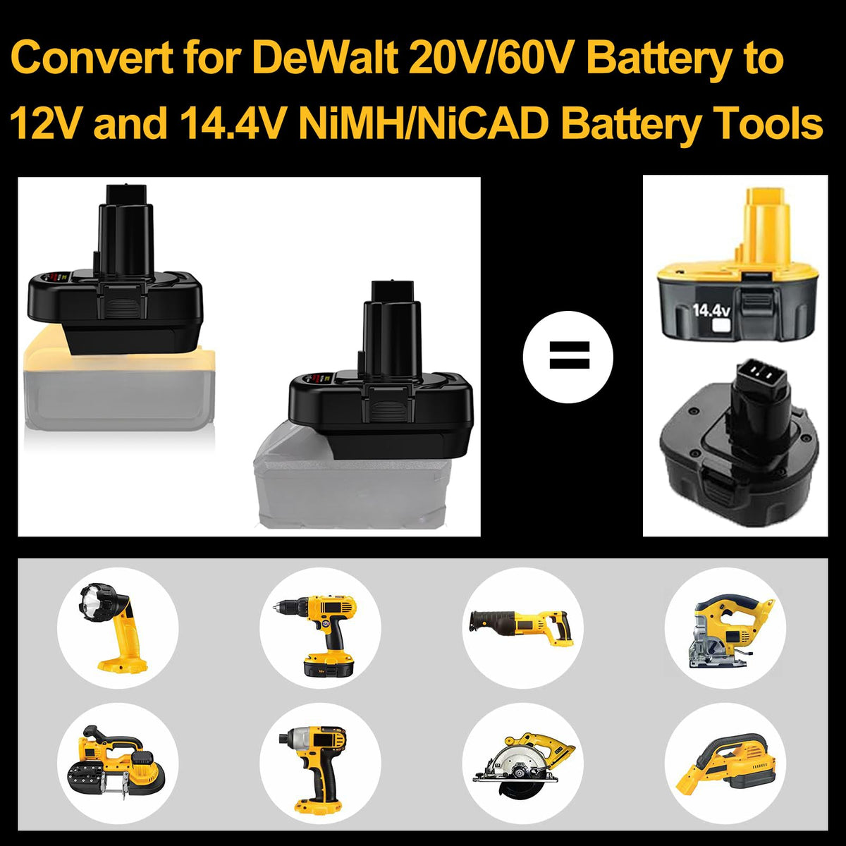 Side view shows connection to the 20V battery with the adapter.