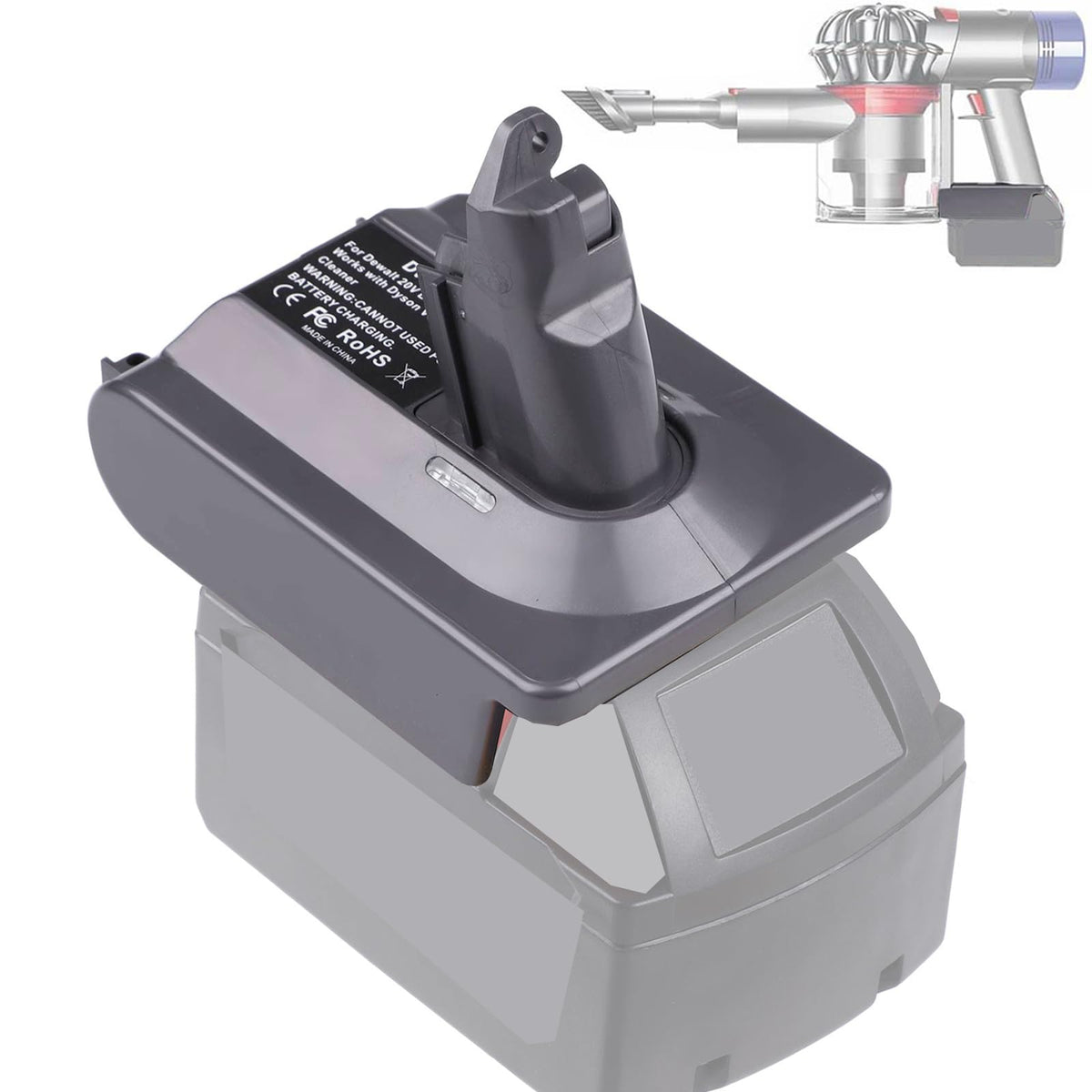 BTRUI Dyson V6 adapter connecting Milwaukee M18 battery for extended runtime.