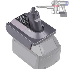BTRUI Dyson V6 adapter connecting Milwaukee M18 battery for extended runtime.
