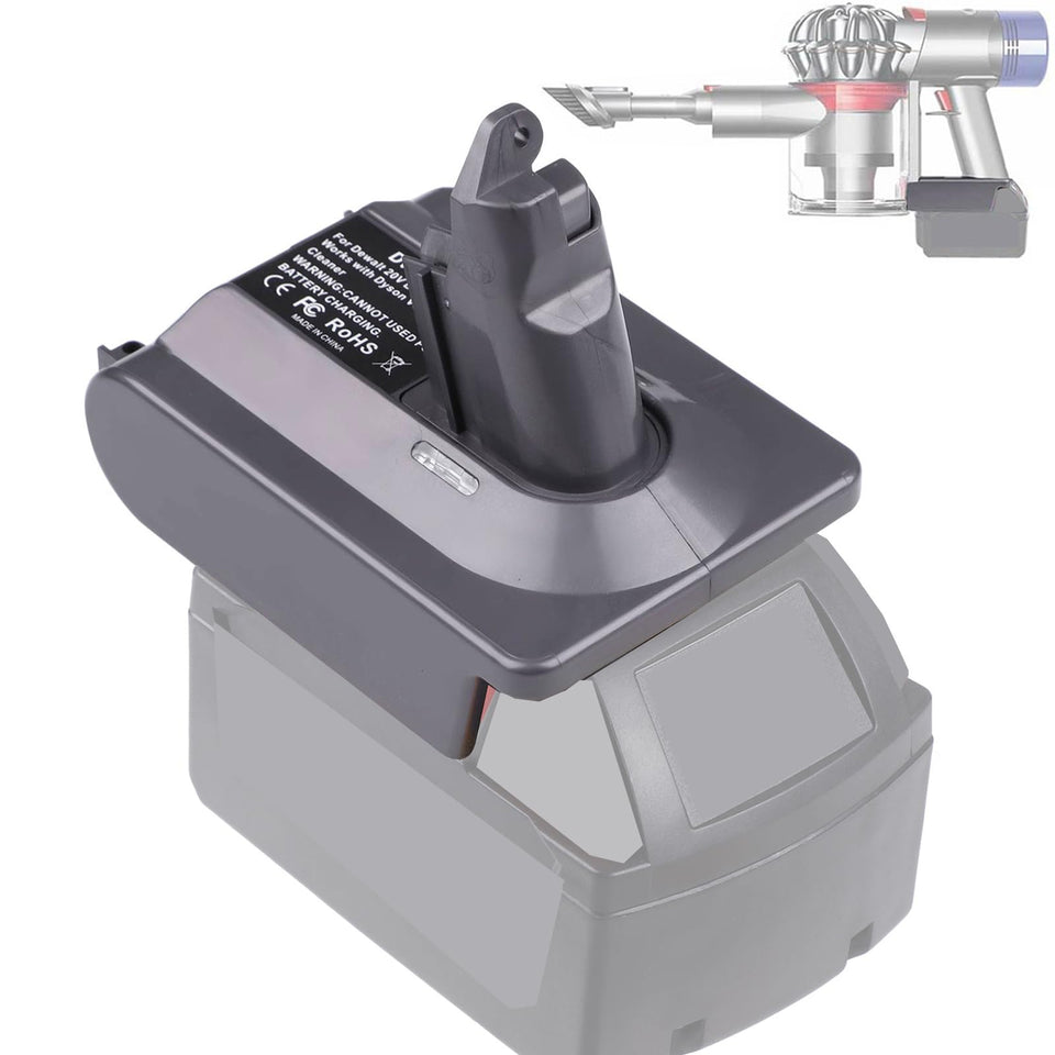 BTRUI Dyson V6 adapter connecting Milwaukee M18 battery for extended runtime.