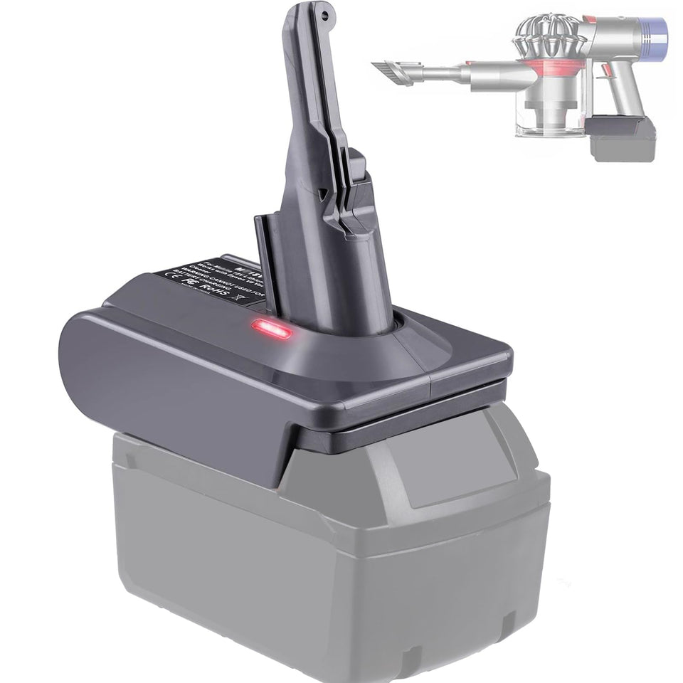 BTRUI MIL18V8 adapter illustrates Dyson V8 compatibility with Milwaukee batteries for extended runtime.