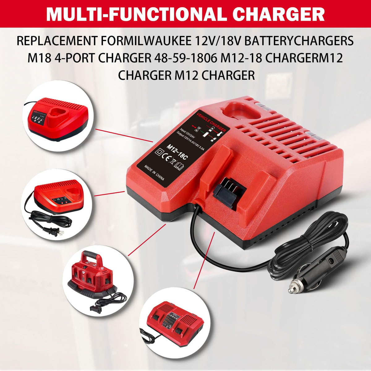BTRUI Milwaukee car charger with cigarette plug in use for vehicle charging.