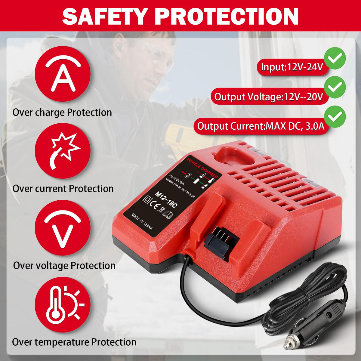BTRUI Milwaukee charger compatibility label with 12V-18V battery range mentioned.