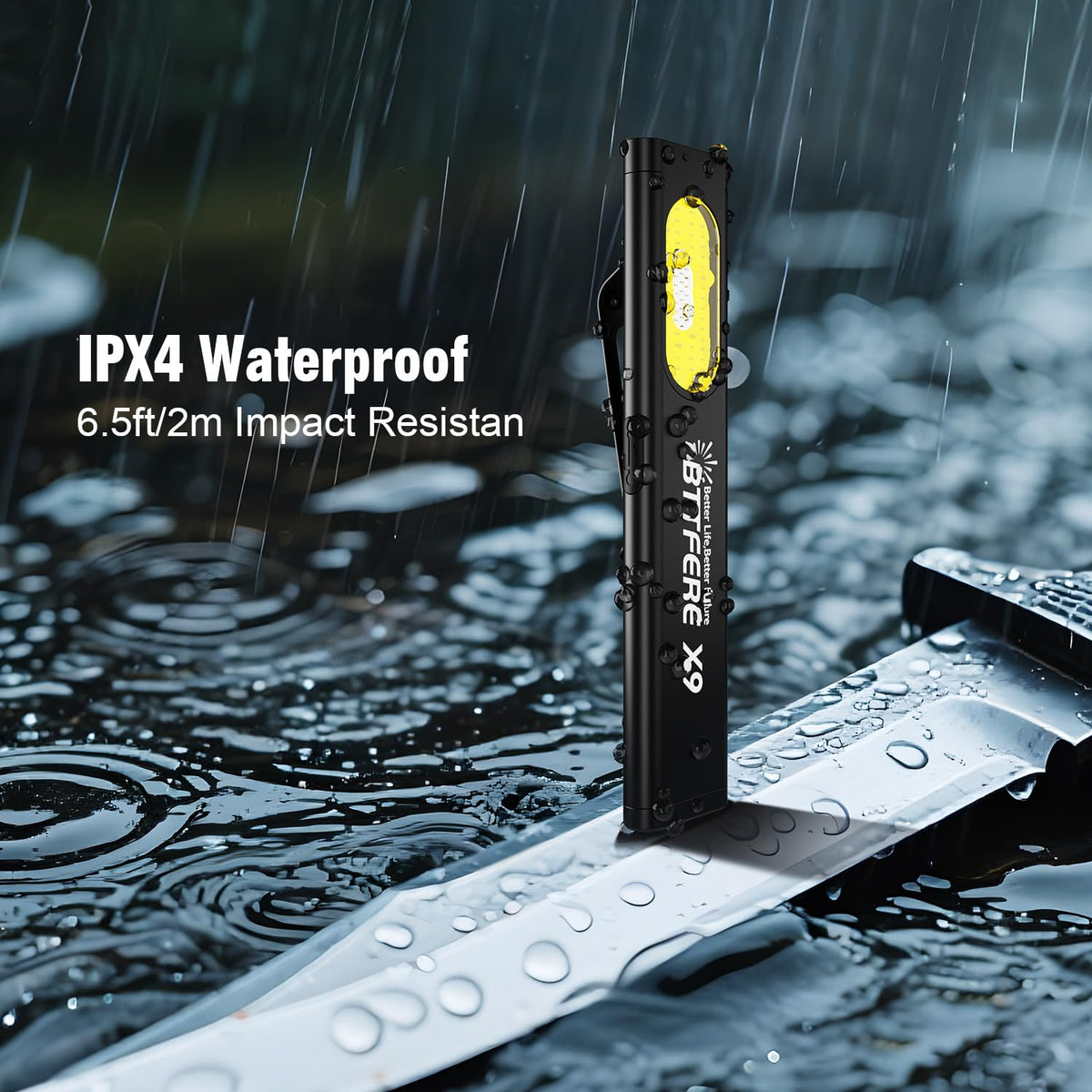 Bttfere pocket flashlight IPX4 durable design withstands rain and splashes.