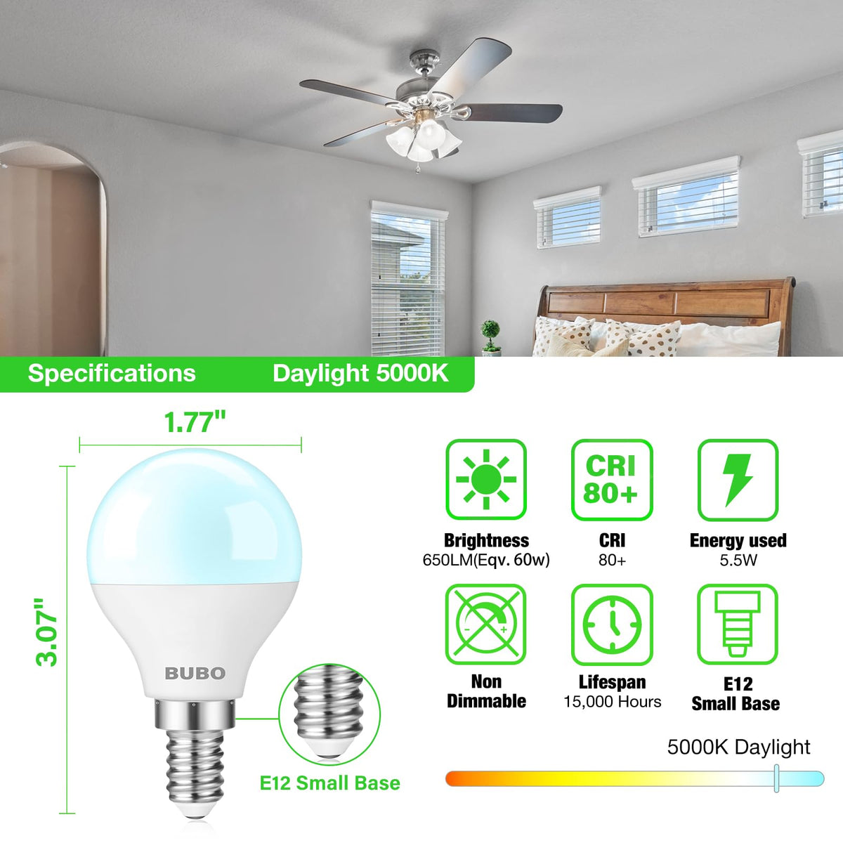 BUBO E12 small-base LED bulb saves energy with 5.5W, 120V operation.