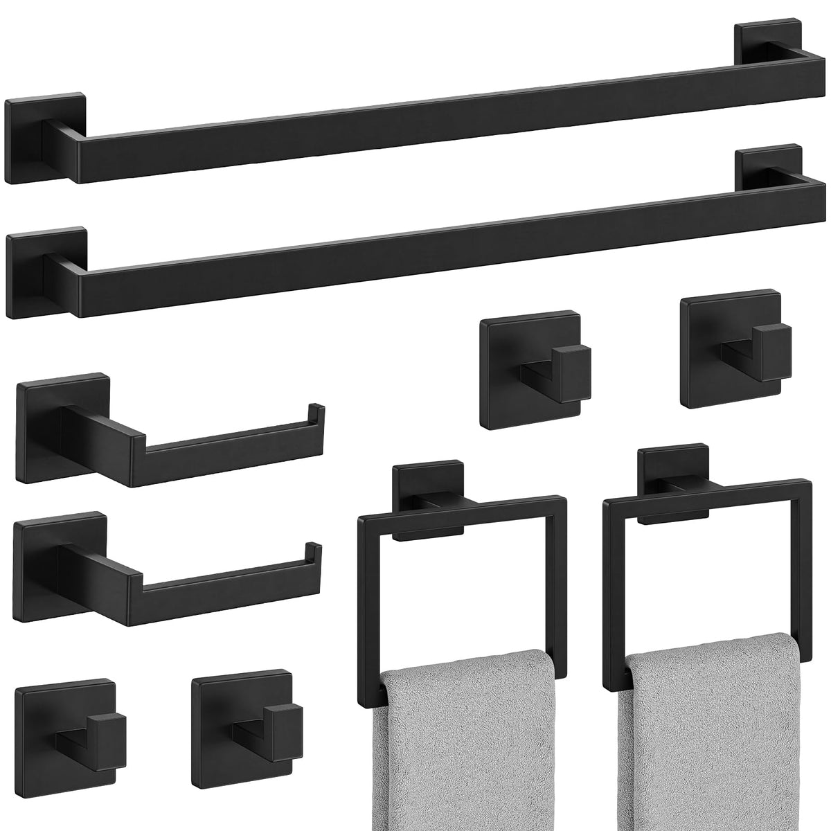 Bubxo 10-piece matte black bathroom set for comprehensive organization.