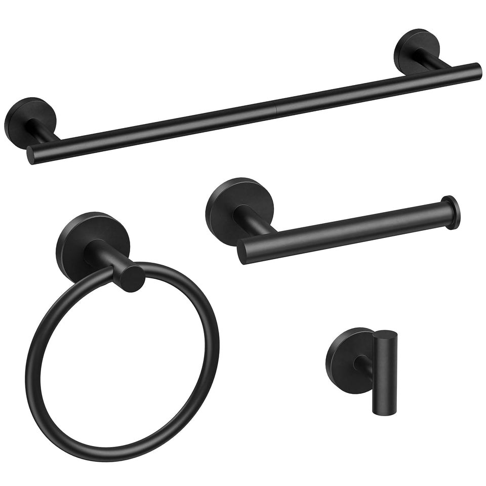 Bubxo matte black towel bar 26-inch, space-saving bath organizer.