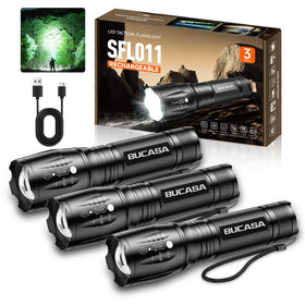 BUCASA 3-pack rechargeable flashlight for outdoor tasks.