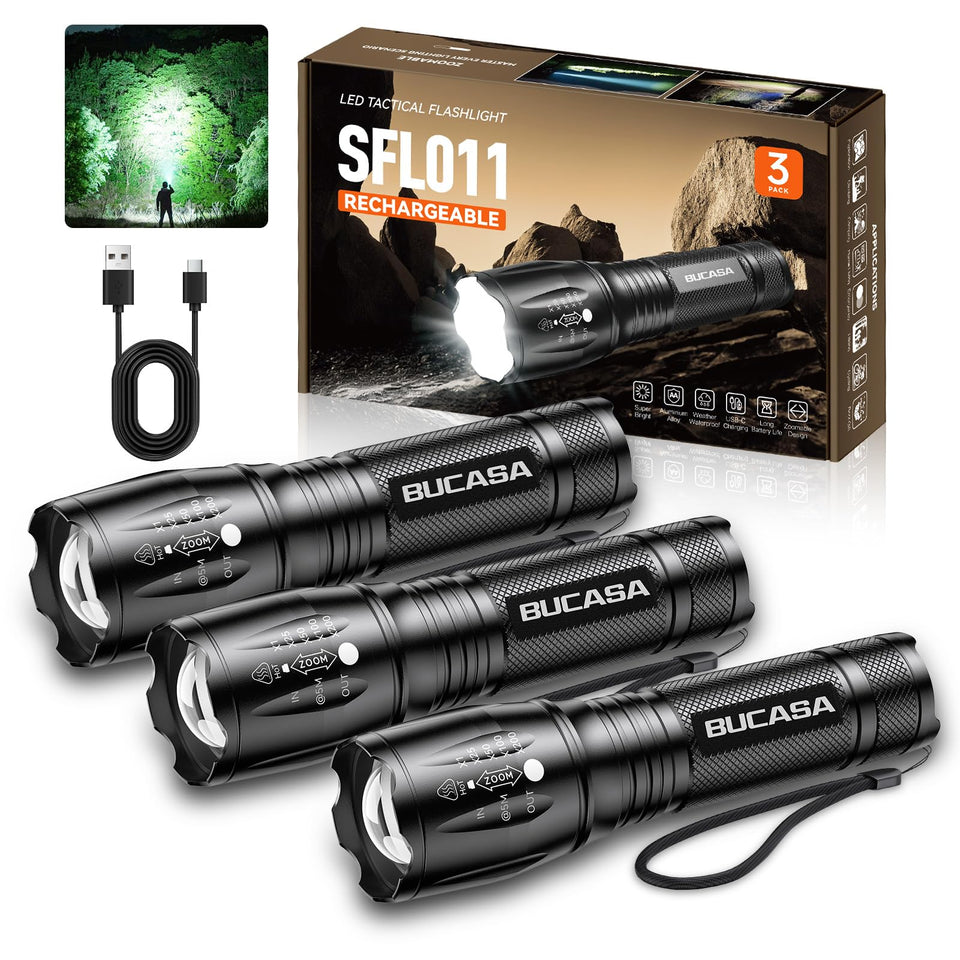 BUCASA 3-pack rechargeable flashlight for outdoor tasks.