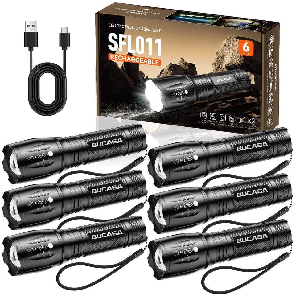 BUCASA rechargeable flashlight with zoom feature for adaptable beam during outdoor tasks.