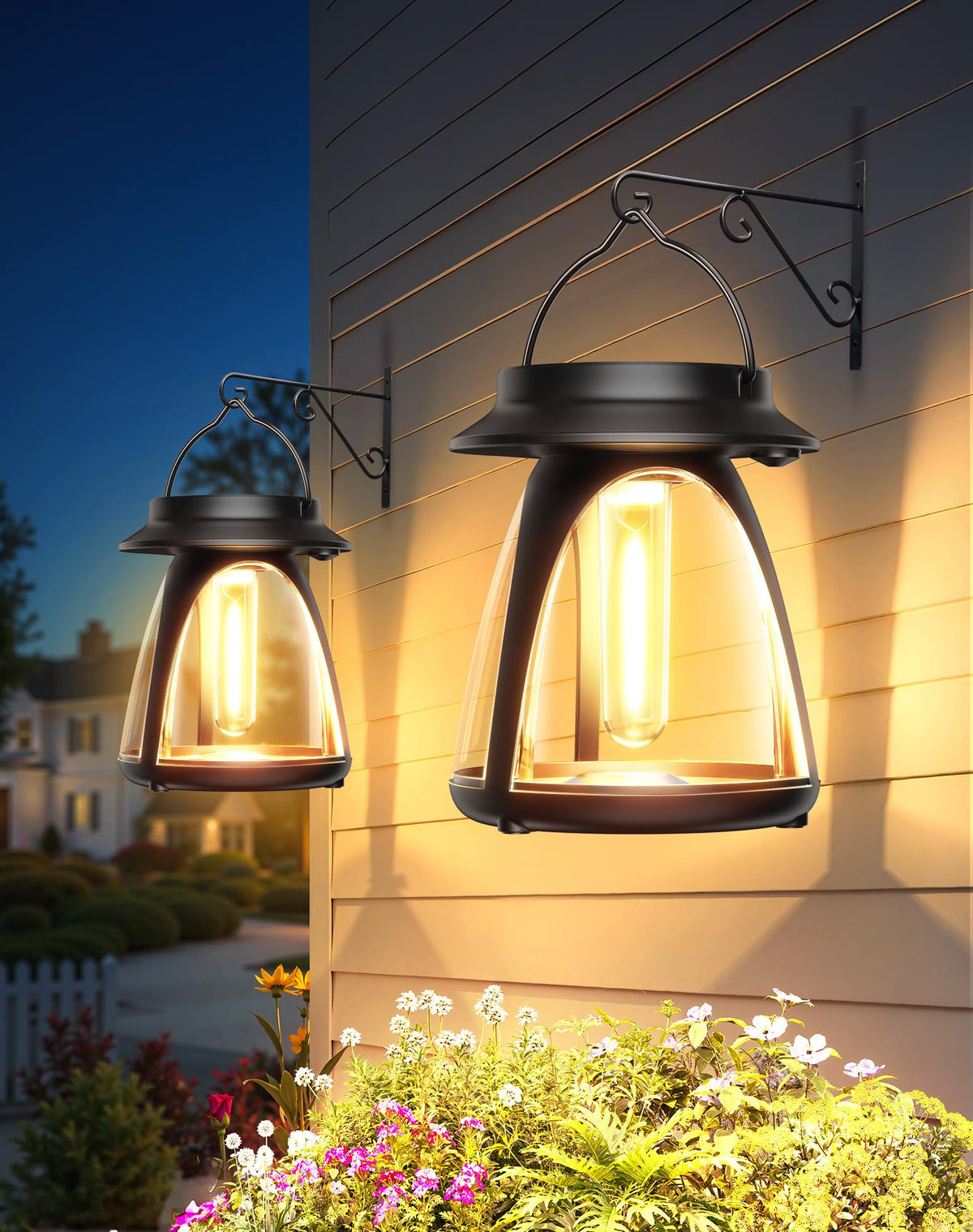 BUCASA solar lantern outdoor 2-pack illuminates the garden with warm, inviting ambience.